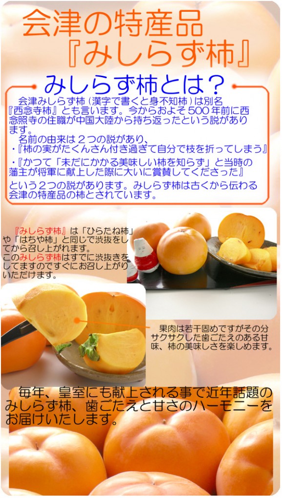 会津特産みしらず柿(1kg箱 4〜6粒入) 【発送時期:11月4日以降〜12月初旬頃まで予定】 | 日本全国各地の名産品やお土産のお取り寄せモール 風土jp
